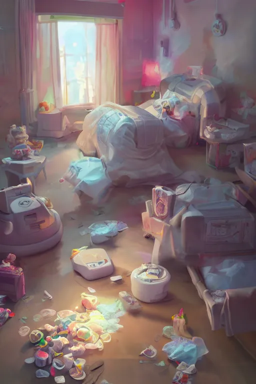 Image similar to Diaper Disposal Robot, Overflowing with Diapers, digital art, fantasy, trending on artstation, professional illustration, cgsociety, ultra detailed, volumetric lighting, celshaded, colorful, girly bedroom, lively, cute