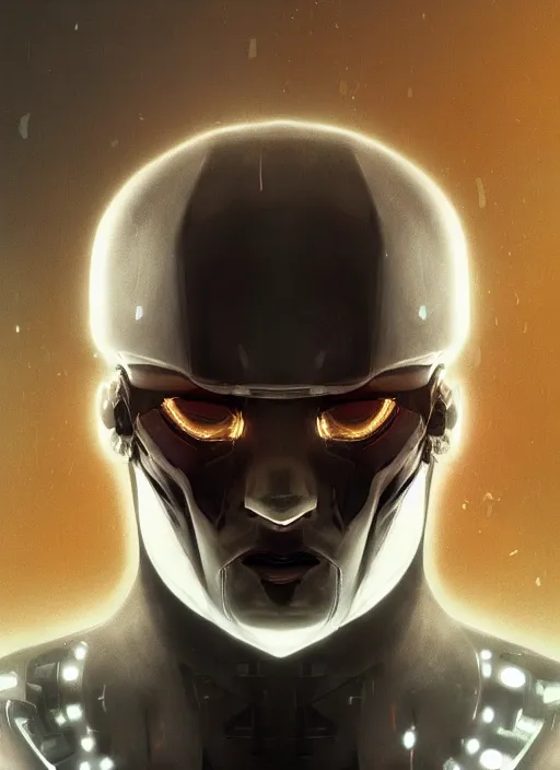 Image similar to bladerunner, cyberpunk, angled facial portrait of a bone ceramic caliente humanoid robot Spanish ninja with an attractive bald head and handsome features, large glowing eyes, macho, piroca, dotado, guapo, reflective surface, overwatch, trending on cgsociety, trending on artstation