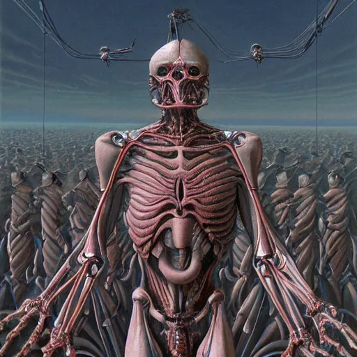 Image similar to biomechanical human raising his hands into the sky of the machine by wayne barlowe