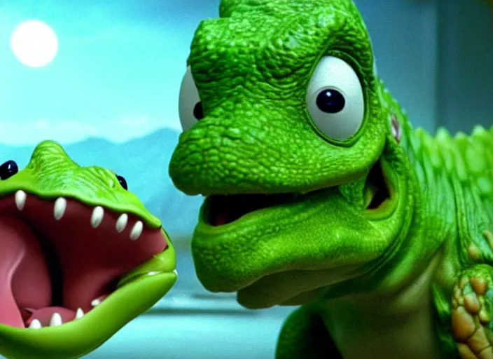 Image similar to film still of yoshi in the new sci - fi movie, upright dinosaur with a small turtle shell and long tongue, 8 k