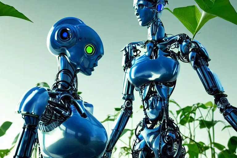 Image similar to photograph of an androgynoid robot taking care of plants on an inter - galactic spaceship, 8 k, beautiful lighting, shallow depth of field, ultra realistic, hyper - detailed, sci - fi movie style, coherent composition,