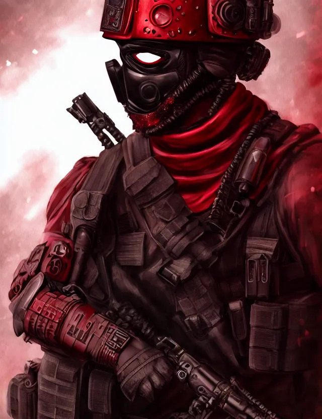 Image similar to a detailed manga portrait of a masked special forces soldier wearing dark red advanced demon - resistant cyborg tactical gear, trending on artstation, digital art, 4 k resolution, detailed, high quality, sharp focus, hq artwork, coherent, insane detail, character portrait