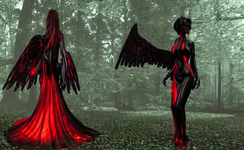 Image similar to Female dark angel in gothic red and black dress, their black wings are extended. She is in the bioluminescent forest. Horror scene, highly detailded. Bronze statue, unreal engine