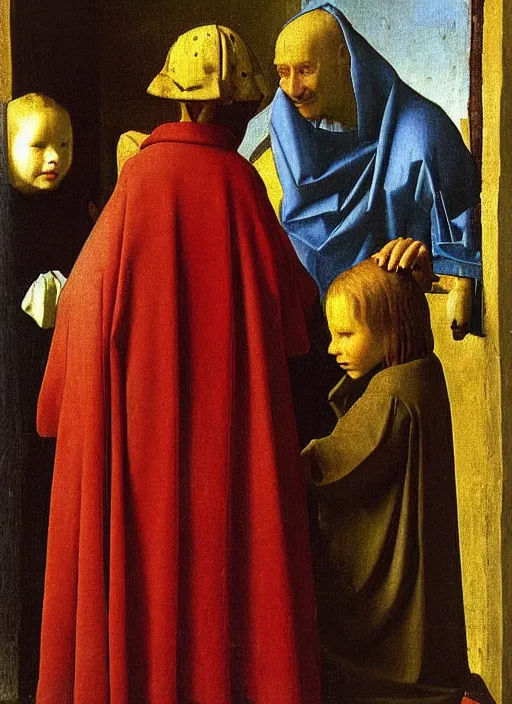 Image similar to Two little brothers meet a young man, medieval painting by Jan van Eyck, Johannes Vermeer, Florence