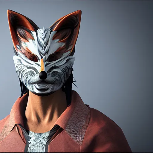 Image similar to a beautiful japanes male wearing a kitsune mask, intricate unreal engine 5 creation for a gallery