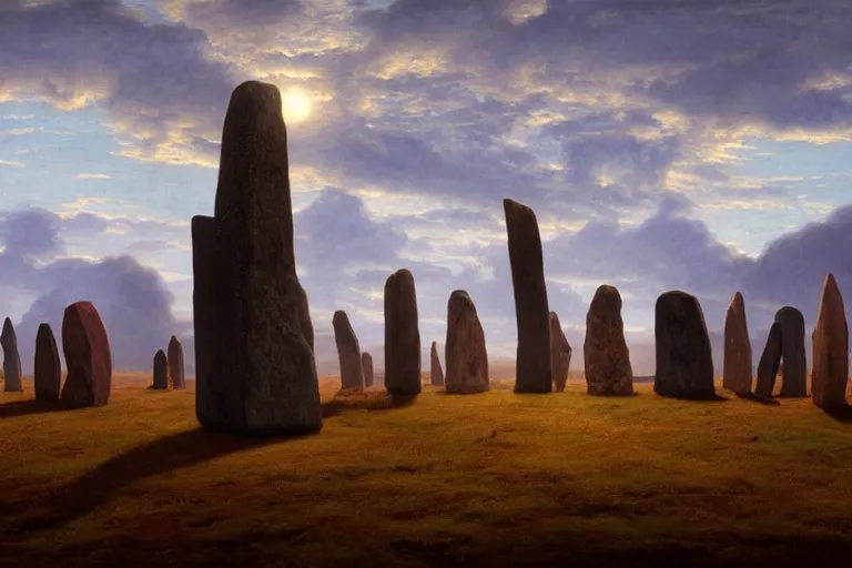 Image similar to circle of standing stones at dawn, dramatic cinematic lighting, rich colors, by William Dyce and ford madox brown and April Gornik and Caspar David Friedrich and Diego Rivera and Tyler Edlin, featured on artstation