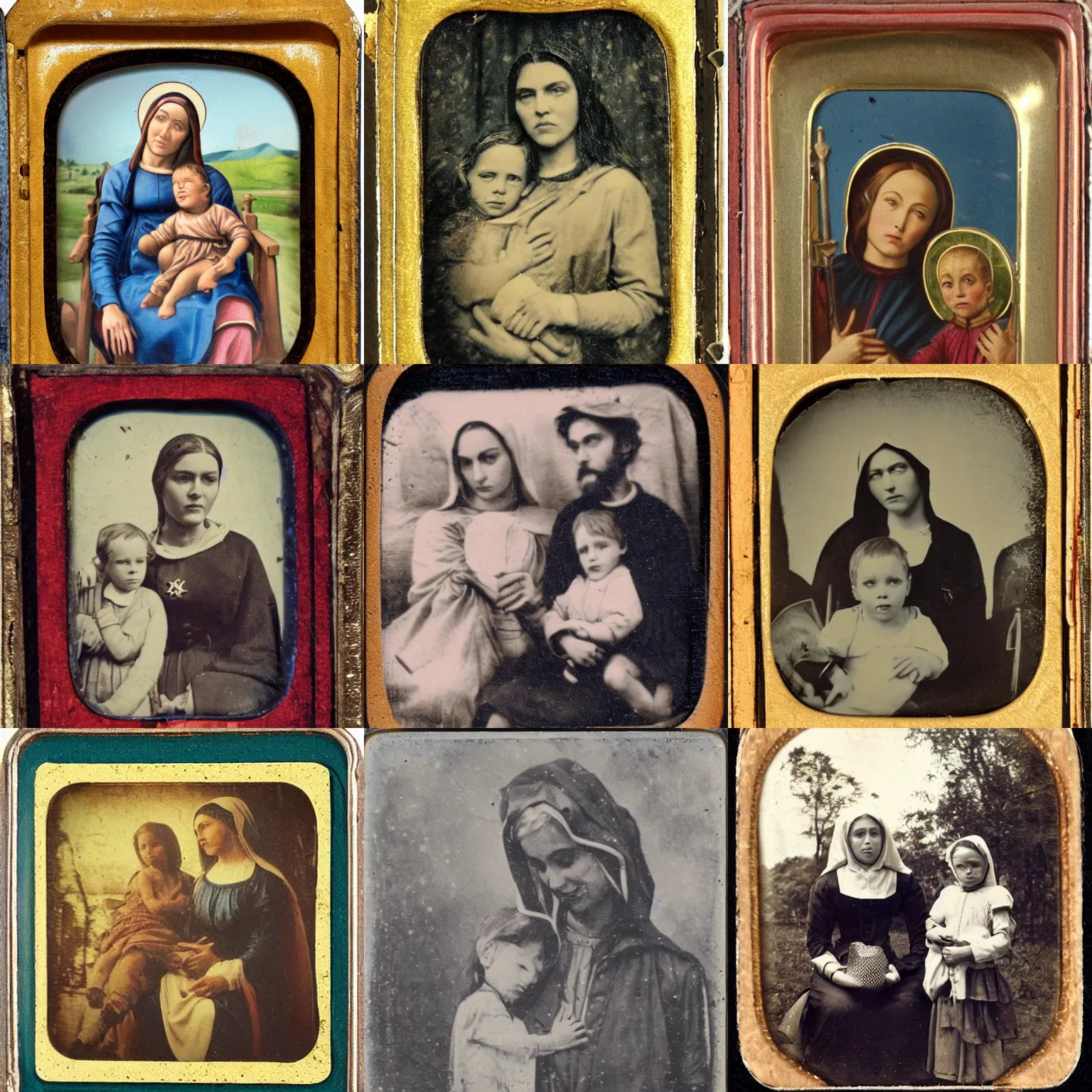 Prompt: madonna and child driving a school bus civil war tin type photograph