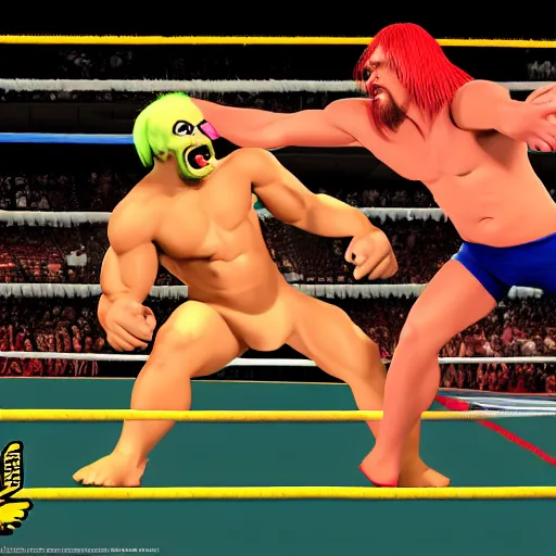 Image similar to Xavier Renegade Angel wrestling Hulk Hogan at Madison Square Garden, hyperrealistic, photorealistic, hdr, 4k, ultra hd, highly detailed, cinematic lighting