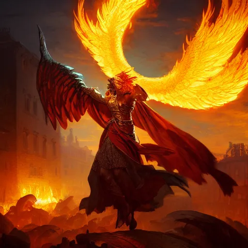 Prompt: Anthropomorphic phoenix in fire flying through a medieval town by night, DnD character, unreal engine, octane render, dramatic lighting, pond, digital art, by Stanley Artgerm Lau, greg rutkowski, thomas kindkade, alphonse mucha, loish, norman Rockwell