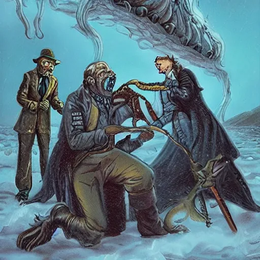 Prompt: lovecraftian monster eating victorian explorers in the arctic. art by everett kinstler.