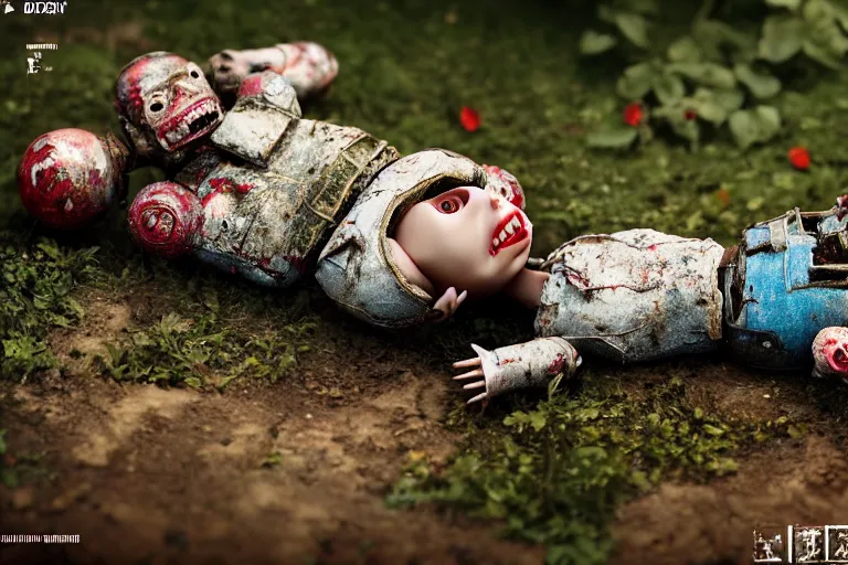 Image similar to Broken ugly toy doll lying on old courtyard with mud and an old playground between two soviet five-storey overgrown with ivy panel houses, high details, cinematic, 8k resolution, beautiful detailed, insanely intricate details, artstation trending, rule of third, octane render, unreal engine