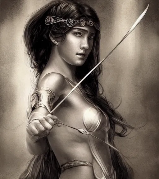 Image similar to beautiful young aphrodite goddess as an archer warrior, realistic face, beautiful eyes, black and white drawing, in the style of greg rutkowski, fantasy, amazing detail, epic, intricate, elegant, smooth, sharp focus