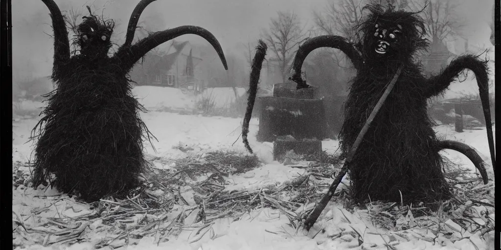 Prompt: 1 9 2 0 s photography of krampus hay monster burning on a pyre, submerged in snow