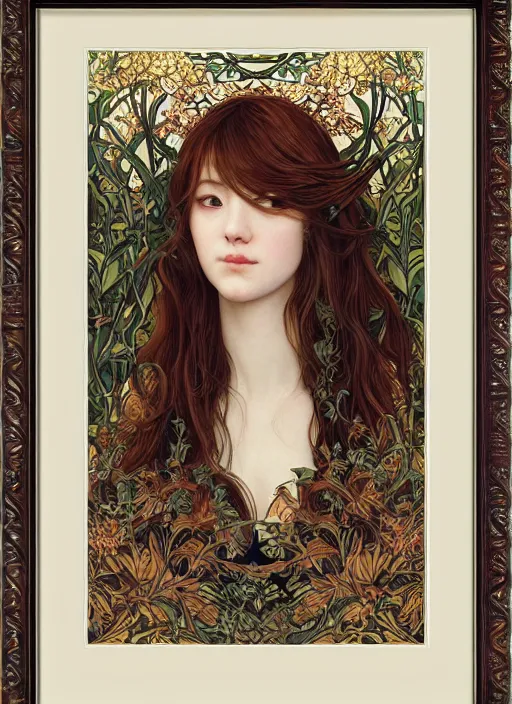 Prompt: masterpiece beautiful seductive flowing curves preraphaelite face portrait photography, extreme close up shot, straight bangs, thick set features, yellow ochre ornate medieval dress, miho hirano, amongst foliage mushroom forest circle arch, william morris and kilian eng and mucha, framed, 4 k