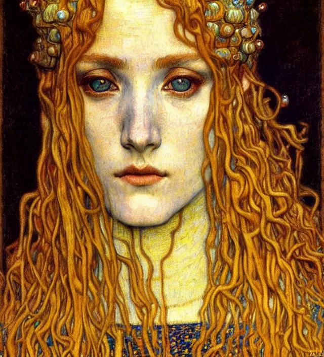 Image similar to detailed realistic beautiful young medieval queen face portrait by jean delville, gustav klimt and vincent van gogh, art nouveau, symbolist, visionary, gothic, pre - raphaelite, muted earthy colors, desaturated