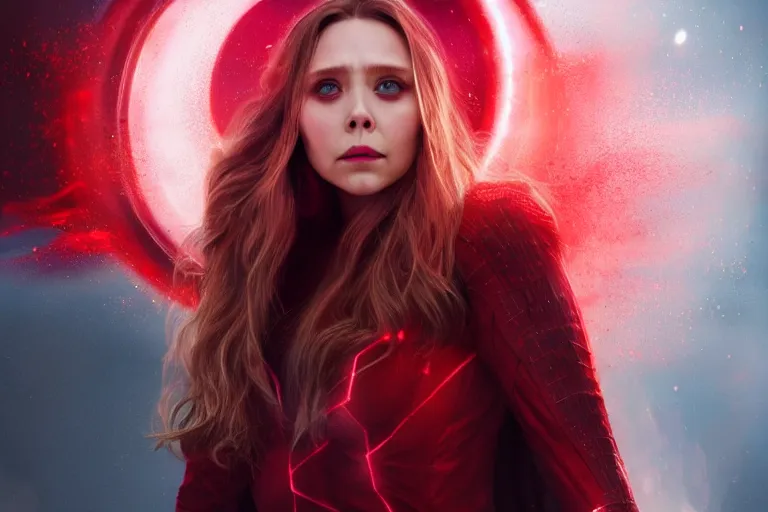 Image similar to movie still of elizabeth olsen as scarlet witch creating a barrier of red energy around herself!!!!!, photorealistic art style, fantasy aesthetic. full - body photography, comprehensive art, thorough details, intricate, artstation, cgsociety contest winner