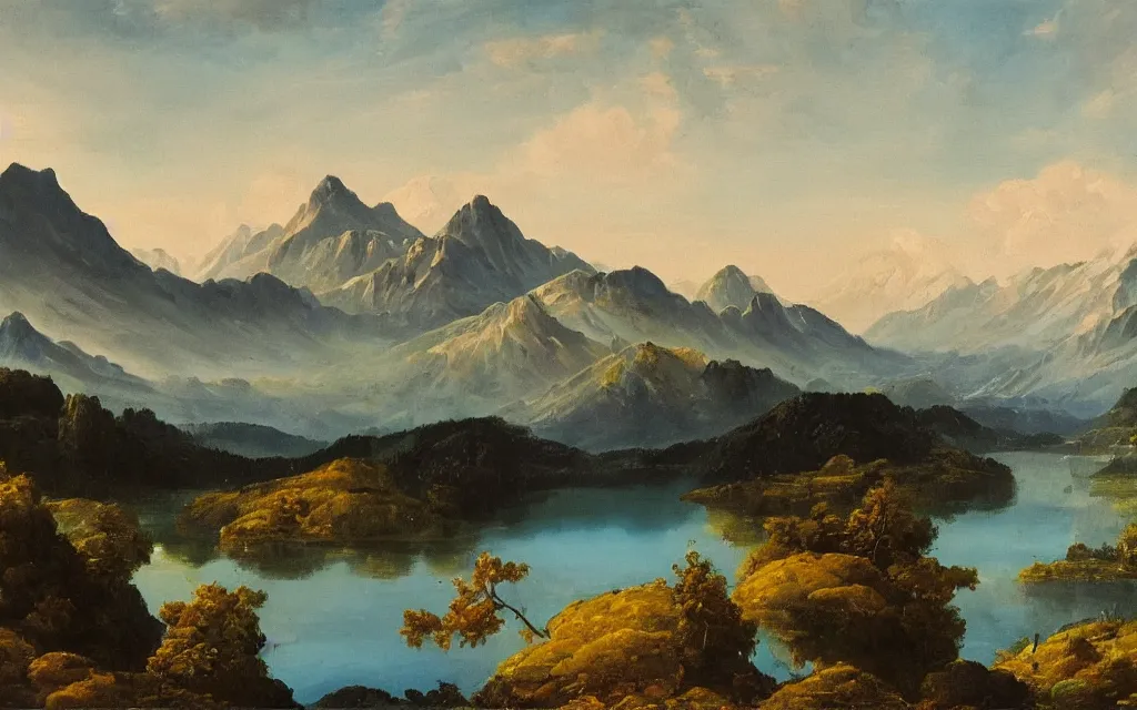 Image similar to a beautiful painting of a serene landscape with a lake in the foreground and jagged mountains in the background