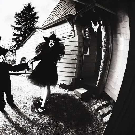 Image similar to A selfie of a woman trick or treating with a demon, fisheye lens photography, with a spooky filter applied, with a figure in the background, in a Halloween style.