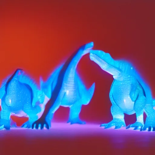 Image similar to electric blue glowing baby dinosaurs in tron movie, cinestill