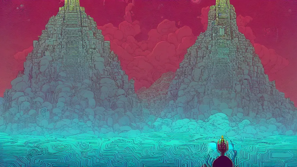 Prompt: highly detailed illustration of a mayan god standing above the clouds by kilian eng, by moebius!, by oliver vernon, by kyle hotz, by dan mumford