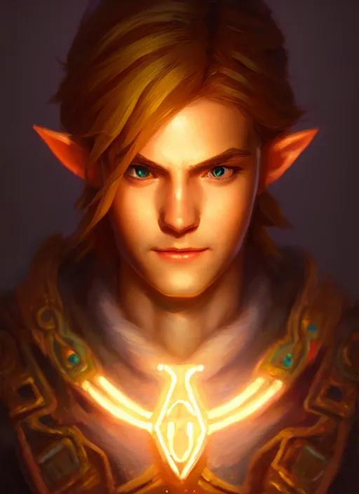 Image similar to portrait of link from the legend of zelda, intricate, elegant, glowing lights, highly detailed, digital painting, artstation, concept art, sharp focus, illustration, art by wlop, mars ravelo and greg rutkowski