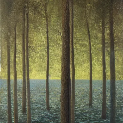 Prompt: forest in the middle of a body of water, tomas sanchez
