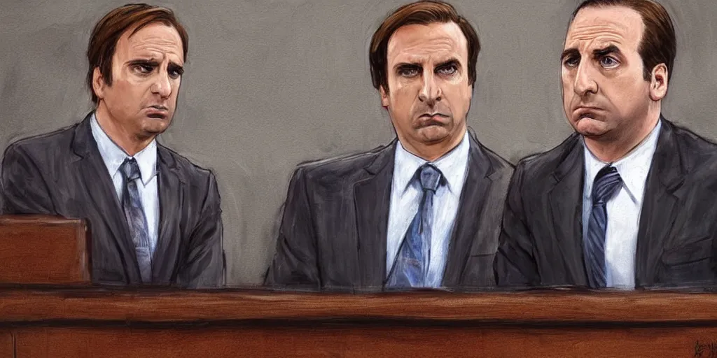 Image similar to saul goodman defending michael scott in acourt, courtroom painting