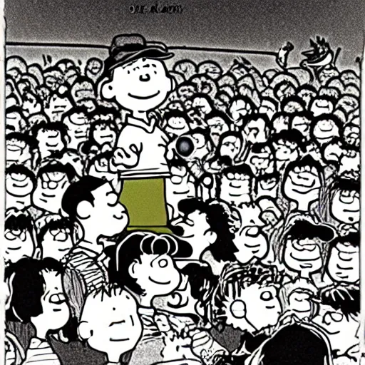 Prompt: charlie brown at a music festival. By charles Schulz