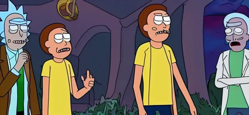 Image similar to rick and morty except rick is replaced with chris pratt and morty is also chris pratt but dressed in a yellow shirt and also jesus is there, high quality