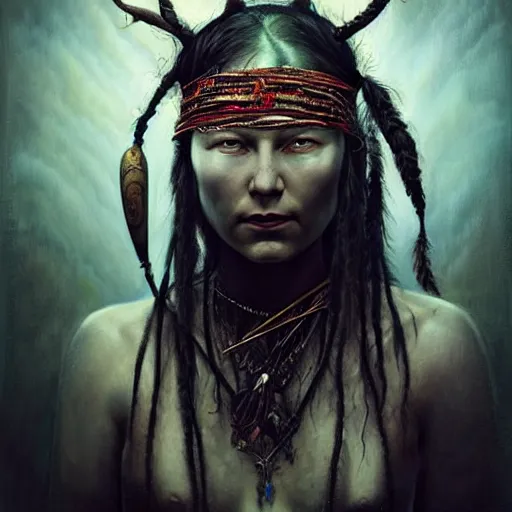 Image similar to A young blindfolded shaman woman with a decorated headband, in the style of heilung, blue hair dreadlocks and wood on her head, atmospheric lighting, intricate detail, cgsociety, ambient light, dynamic lighting, made by karol bak