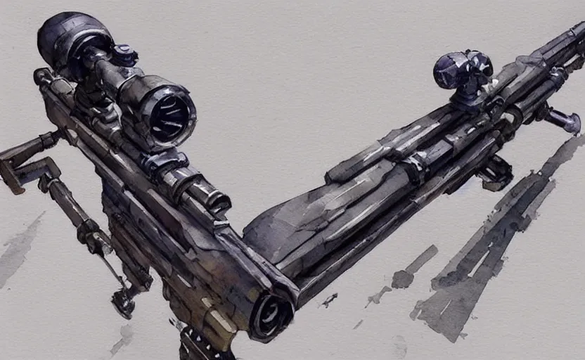 Image similar to concept art of a sniper rifle in futuristic, fantasy, steampunk, pinterest, artstation trending, behance, watercolor, by coby whitmore, silver, laser light,