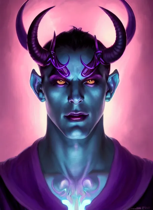 Prompt: symmetry!! portrait of a male purple and teal skinned tiefling with demon horns and piercings, glowing lights!! intricate, elegant, highly detailed, digital painting, artstation, concept art, smooth, sharp focus, illustration, art by artgerm and greg rutkowski and alphonse mucha