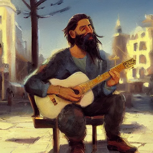 Image similar to oil painting of a man with long hair and a beard with his golden retrever dog playing guitar in the square for money, by greg rutkowski, artstation