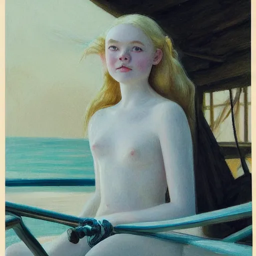 Prompt: Painting of Elle Fanning on a pirate ship, long blonde hair, delicate, pale milky white porcelain skin, by Edward Hopper. 8K. Extremely detailed.