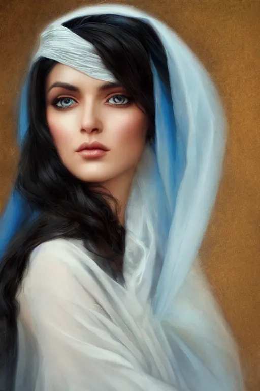 Prompt: modern arab Ameera al-Taweel, bright blue eyes, long wavy black hair, white veil, closeup, focus face, elegant, highly detailed, centered, oil painting, artstation, concept art by tom bagshaw