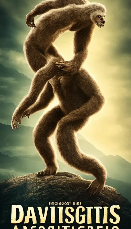 Image similar to movie poster about David Attenborough and cryptids, Bigfoot, Nessie, aliens