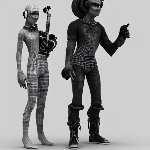 Image similar to RPG character concept art, duo of musicians wearing holographic headset interface, in the style of Jamie Hewlett Hiroya Oku Riyoko Ikeda, 3d render, artstation trending, 8k, octane render, photorealistic, sharp detail, manga, black and white