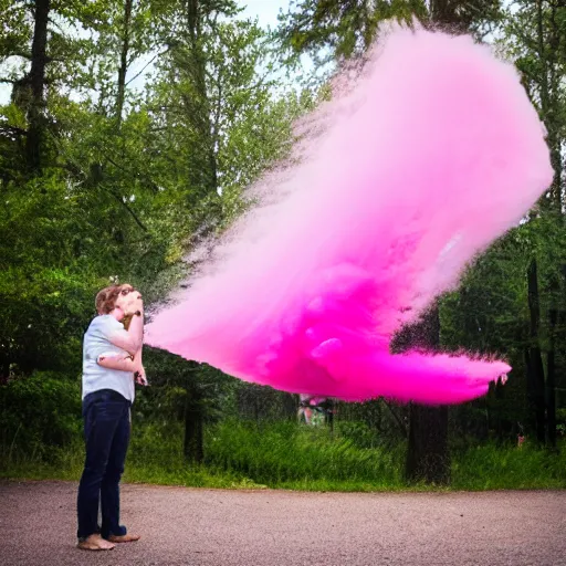 Image similar to photograph of fighter jet gender reveal, dropping pink powder, 50mm, professional photography,