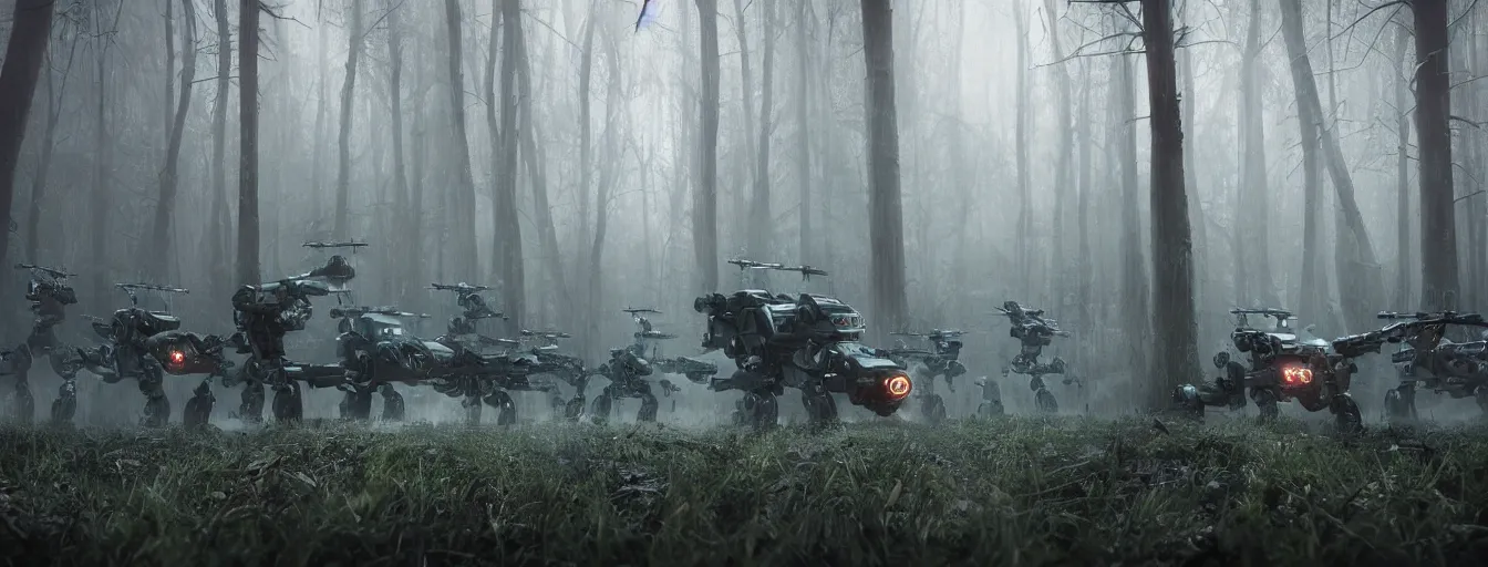 Prompt: imagination of robots army hunting humans in dark foggy old forest in the night, postapo, dystopia style, heavy rain, reflections, high detail, dramatic moment, motion blur, dense ground fog, dark atmosphere, saturated colors, by darek zabrocki, render in unreal engine - h 7 0 4