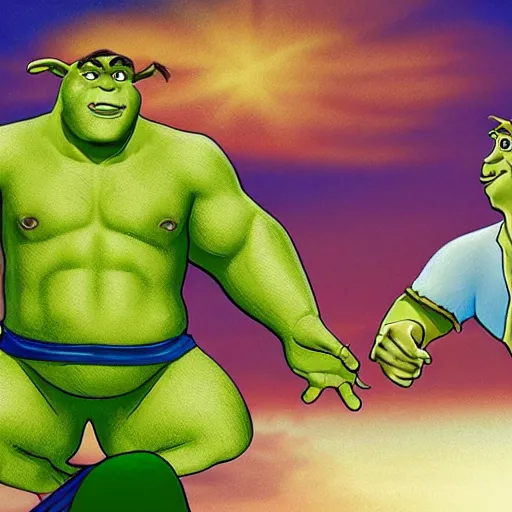 Prompt: Jesus Christ battling shrek in heaven