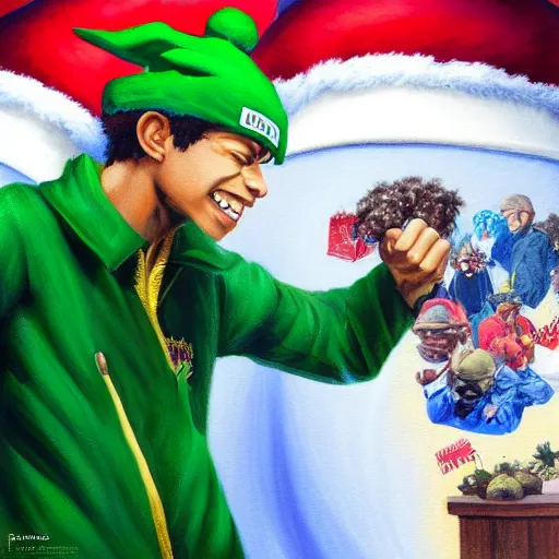 Image similar to an oil painting of a izuku midoriya wearing a hip - hop rap christmas hat drawn by frank frazetta, hd, hdr, ue 5, ue 6, unreal engine 5, 3 d, cinematic 4 k wallpaper, 8 k, ultra detailed, high resolution, artstation, award - winning pencil drawing