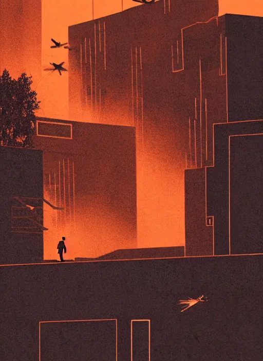 Prompt: city overgrowth on fire + a lone man + (((school of fish flying in the sky))) + (((habitat 67))), Mads Berg, Karolis Strautniekas, film noir, textured light, dramatic lighting,editorial illustration, detailed,fine texture, matte print, dark blue + dark orange, red, black, extreme perspective, volumetric