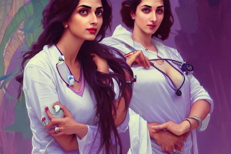 Image similar to sensual pale beautiful indian doctor in jeans with stethoscope, art deco portrait, elegant, intricate, digital painting, artstation, concept art, smooth, sharp focus, illustration, art by artgerm and greg rutkowski and alphonse mucha