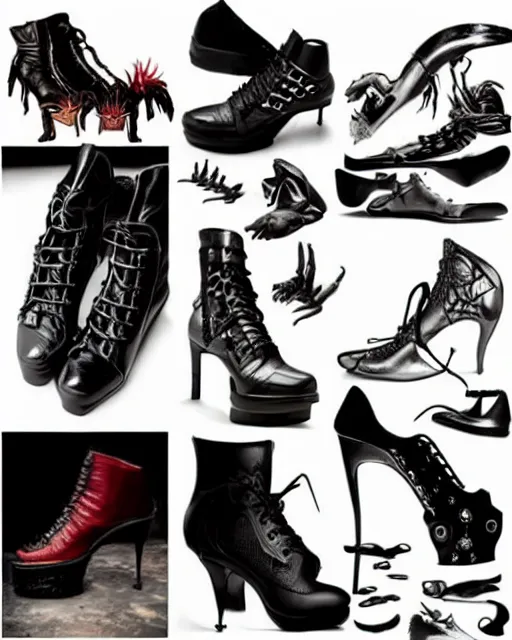 Image similar to stylish shoe design, killer boots, scorpions, spiders, high soles, battle shoes, metal, heavy metal rave shoes