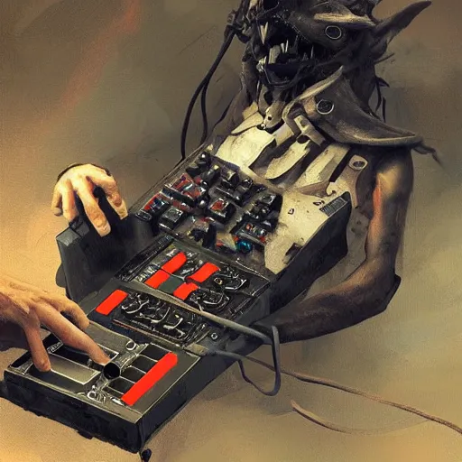 Image similar to a rat cyborg playing with a tb-303 synthesizer, by ruan jia