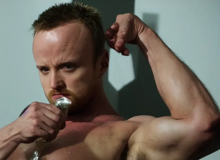 Prompt: extremely muscular Jesse Pinkman, upper body shot, movie still, photorealistic, shot by Vince Gilligan