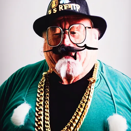 Prompt: dslr portrait photo still of!!! wilfred brimley!!! white mustache as a gangsta rapper with gold chains and gold teeth grills growling at camera, 8 k, 8 5 mm f 1. 8