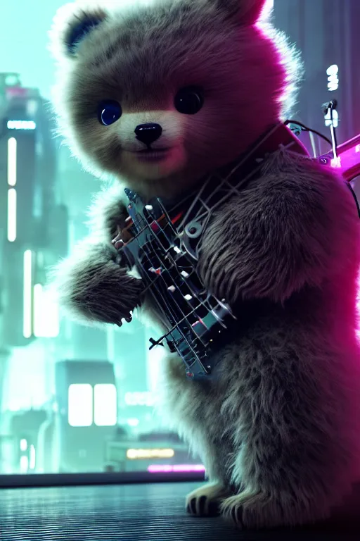 Prompt: high quality 3 d render very cute fluffy cyborg!! bear plays double bass guitar, cyberpunk highly detailed, unreal engine cinematic smooth, in the style of blade runner & detective pikachu, hannah yata charlie immer, moody light, low angle, uhd 8 k, sharp focus