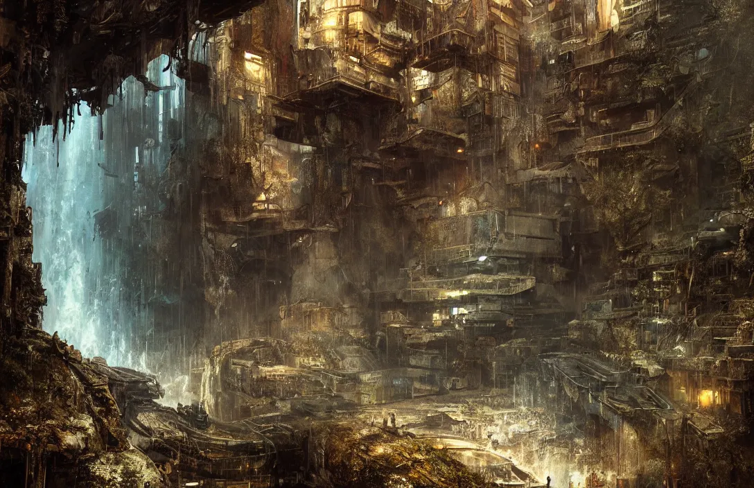 Image similar to a highly detailed abandoned blade runner cyberpunk environment on the edge of a waterfall, detailed intelligent scrollwork, hyperreal phantastic, intricate details in environment, luminance, golden ratio, high aestehtic, cinematic light, dramatic light, godrays, distance, photobash, wideangle, bierstadt, hyperreal 4 k