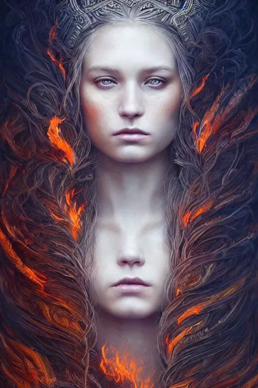 Image similar to Majestic and regal portrait of a beautiful young female fire goddess!!, intricate, epic, elegant, menacing, fantasy, highly detailed, digital painting, hard focus, beautiful volumetric lighting, epic light, ultra detailed, souls, smoke, by Leesha Hannigan, Ross Tran, Thierry Doizon, Kai Carpenter, Ignacio Fernández Ríos